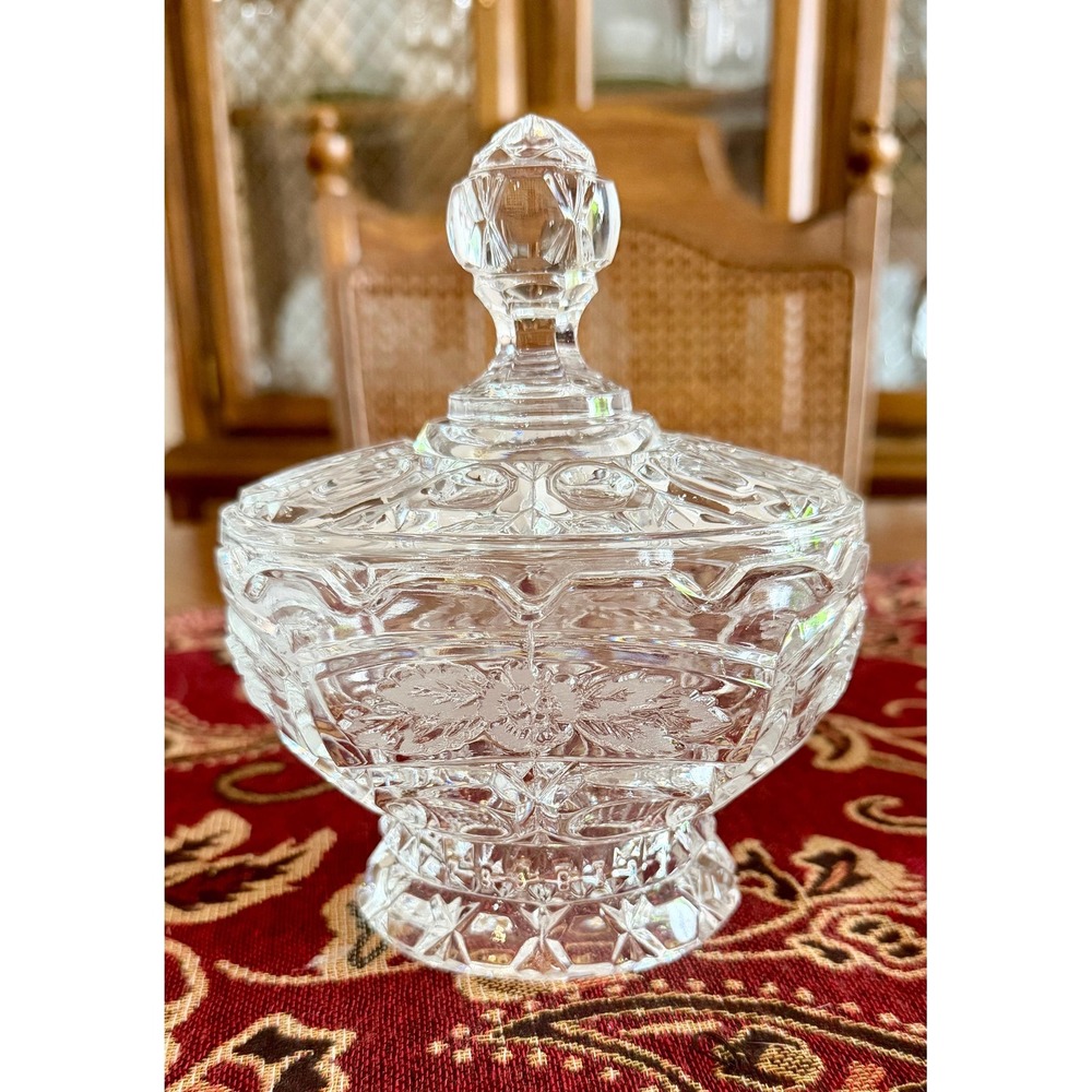 Vintage‎ Pressed Glass Candy Dish with Lid | Frosted Floral Pedestal Compote
